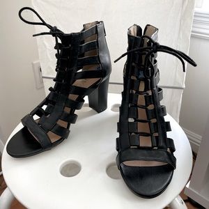 Black Caged Lace Up Faux Leather Heels